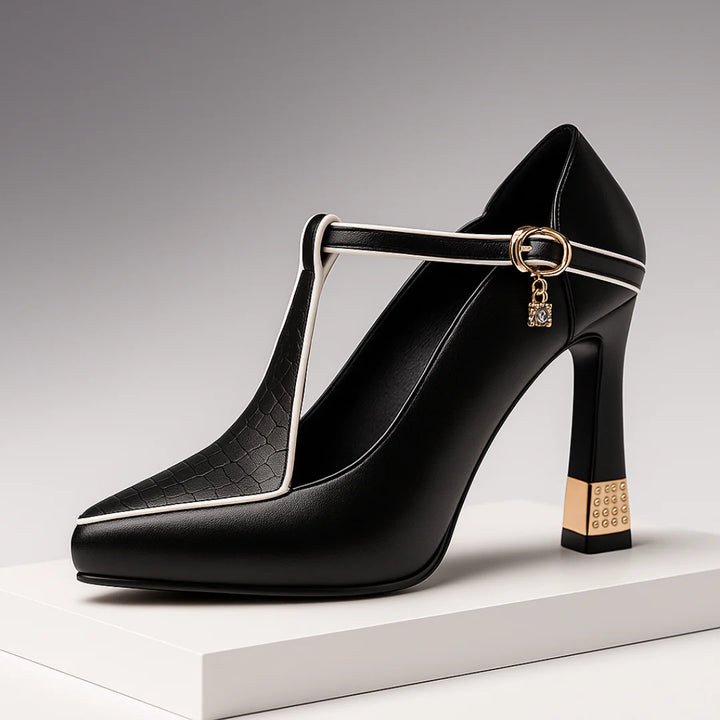 Eimear™ | Elegant T-strap heels with gold details
