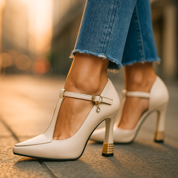 Eimear™ | Elegant T-strap heels with gold details