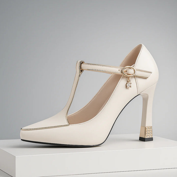 Eimear™ | Elegant T-strap heels with gold details