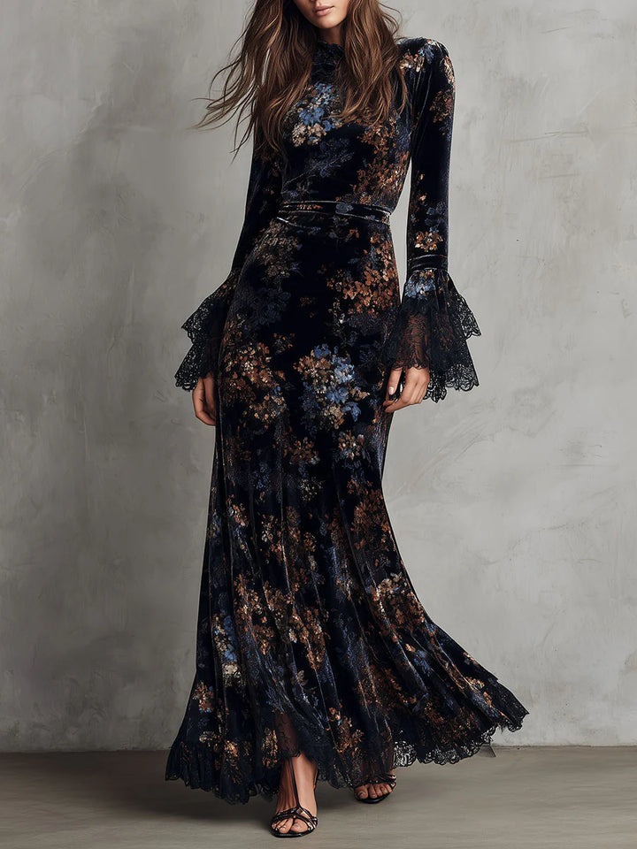 Iseult™ | Long velvet dress with floral print